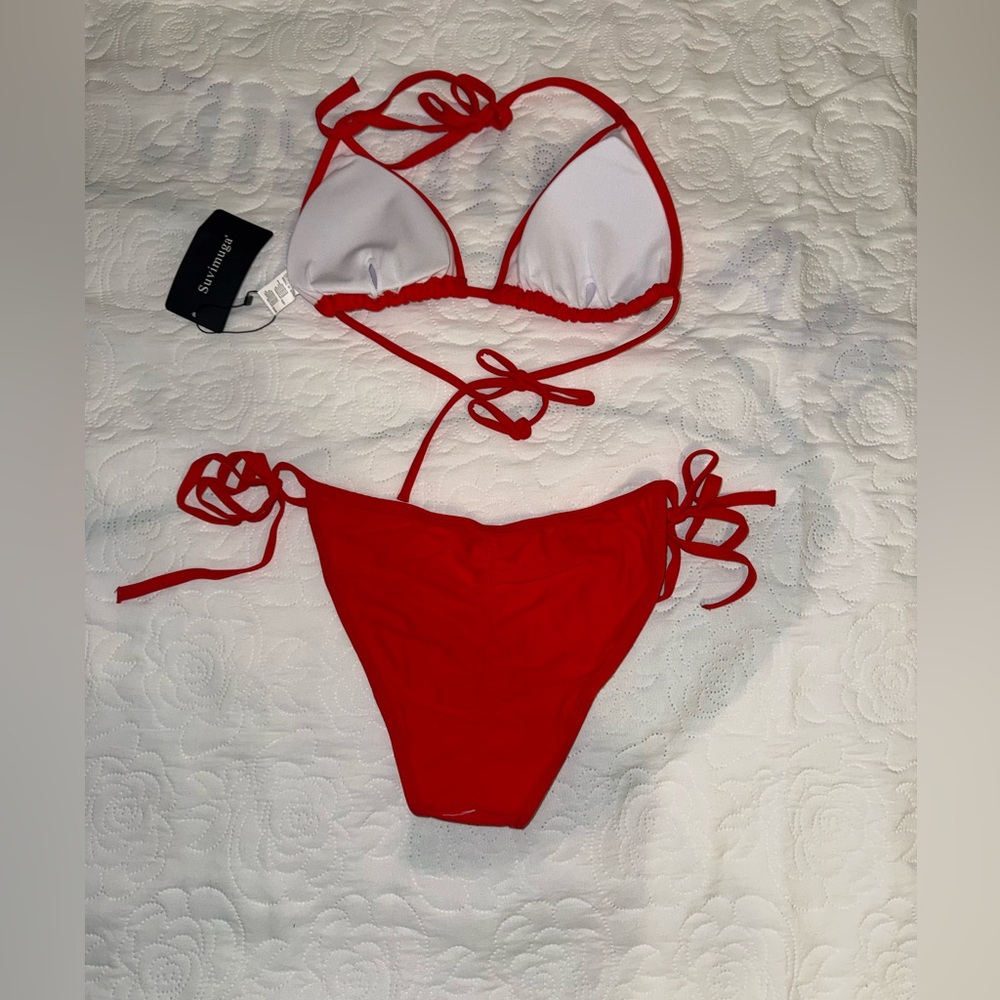 Suvimuga - Red Triangle Tie Bikini Top & Tie-Side Bottoms - Size Small - Picture 3 of 7